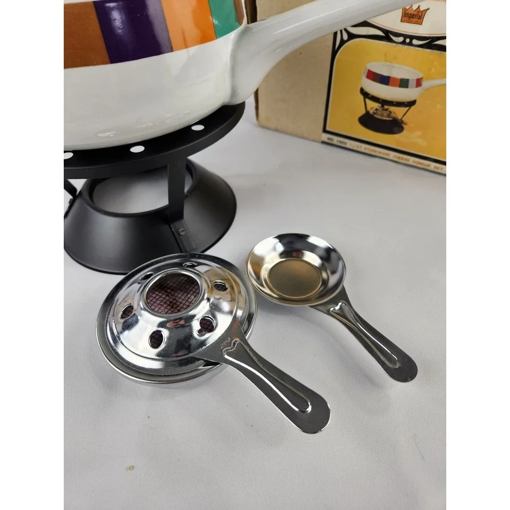 MCM Vintage Imperial San Remo Rainbow Enamel Party Cheese‎ Fondue 1.5 Qt Set Box